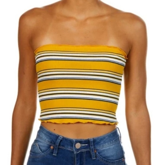 NWOT Ambiance Mustard Multi Stripe Lettuce Edge Tube Top - Picture 5 of 5
